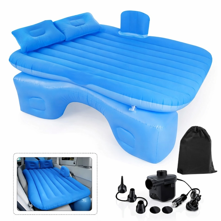 SALTEA AUTO GONFLABILĂ PREMIUM CU 2 PERNE ȘI POMPĂ ELECTRICĂ INCLUSĂ – PAT PORTABIL PENTRU BANCHETA DIN SPATE, DESIGN ERGONOMIC, IDEALĂ PENTRU CAMPING, CĂLĂTORII ȘI ODIHNĂ, ALBASTRU [2]