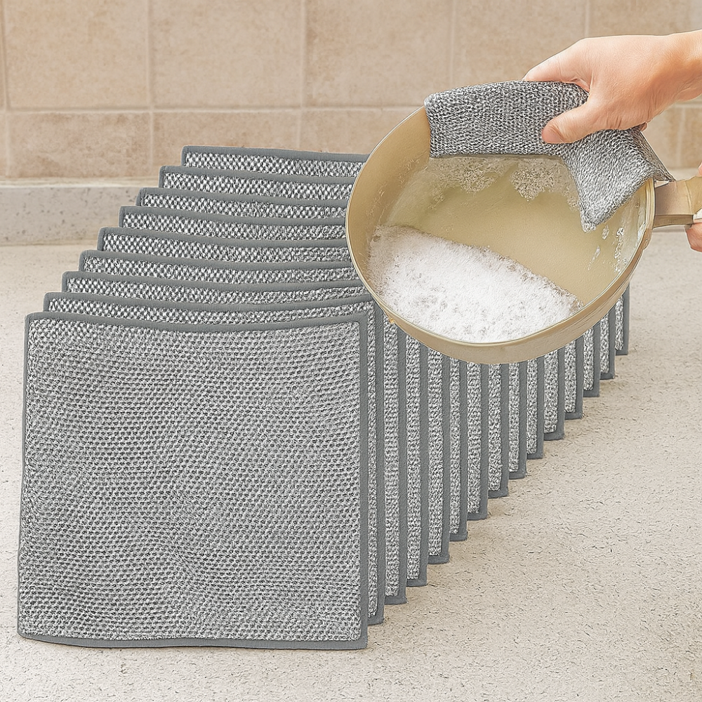 SET 10 LAVETE DIN MICROFIBRĂ METALICĂ ABRAZIVĂ PENTRU VASE – CURĂȚARE EFICIENTĂ FĂRĂ ZGÂRIETURI, UTILIZARE UMEDĂ ȘI USCATĂ, 20X20 CM, ARGINTIU [9]