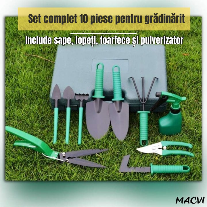 SET COMPLET ACCESORII GRĂDINĂRIT 10 PIESE, UNELTE DIN INOX ȘI PLASTIC PREMIUM, INCLUDE FOARFECĂ, LOPĂȚI, PULVERIZATOR ȘI GEANTĂ PENTRU TRANSPORT [7]