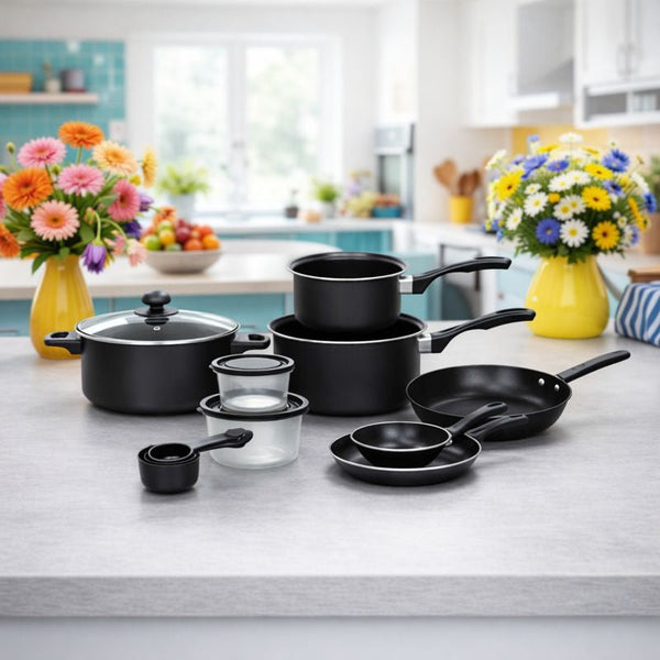 SET BUCĂTĂRIE COMPLET 22 PIESE – OALE, TIGĂI, WOK, TĂVI ȘI ACCESORII GĂTIT, ÎNVELIȘ ANTIADERENT, DESIGN ELEGANT NEGRU [2]