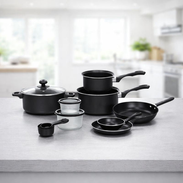 SET BUCĂTĂRIE COMPLET 22 PIESE – OALE, TIGĂI, WOK, TĂVI ȘI ACCESORII GĂTIT, ÎNVELIȘ ANTIADERENT, DESIGN ELEGANT NEGRU [3]