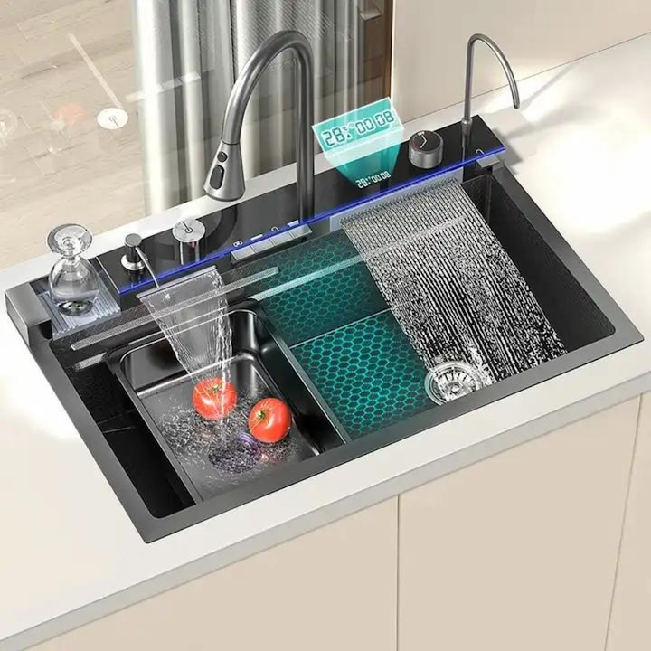 Set chiuveta bucatarie multifunctionala, statie de lucru, dus extractibil, 4 moduri de spalare, gri antracit, spalator pahare, dozator sapun, accesorii scurgere incluse [2]