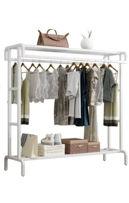 Suport dublu de umerase pentru haine, cu 1 suport de pantofi, din metal, cu raft depozitare deasupra – 50KG greutate maxima, 150x120x48cm [1]