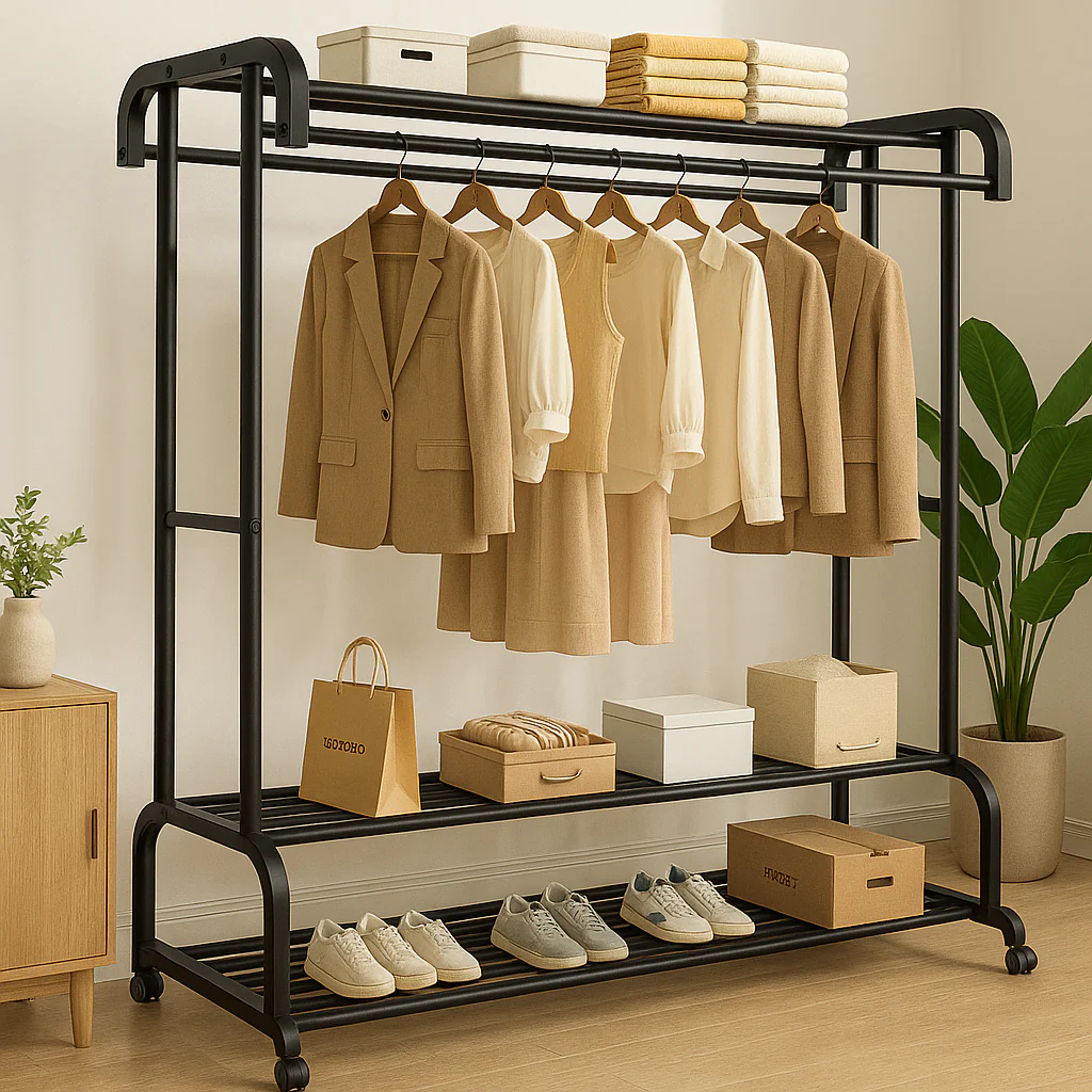 Suport dublu de umerase pentru haine, cu 2 suporti de pantofi, din metal, cu raft depozitare deasupra – 70KG greutate maxima, 150 x 110 x 50cm [1]