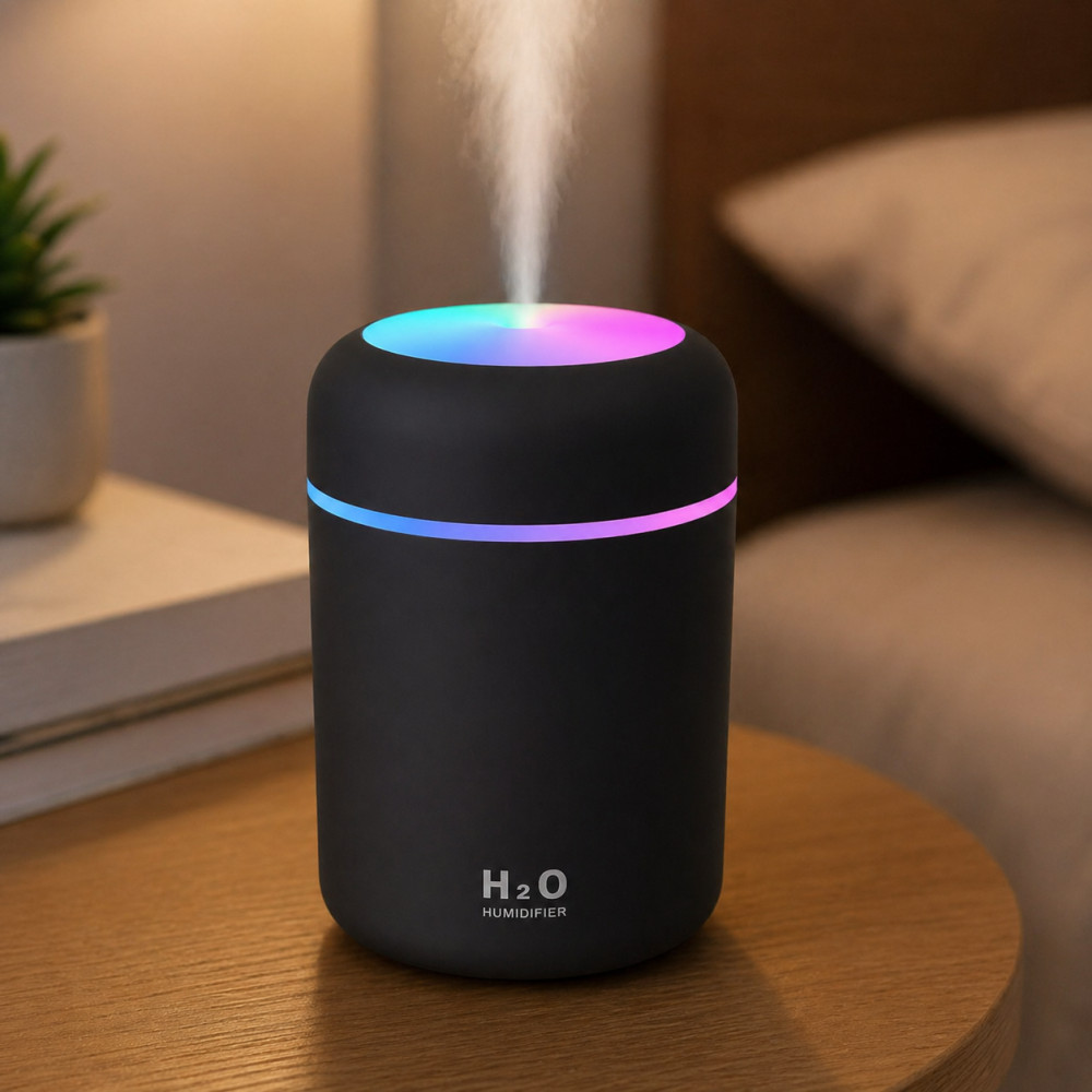 UMIDIFICATOR DE AER ȘI DIFUZOR AROMATERAPIE 300ML – COMPACT ȘI SILENȚIOS PENTRU CASĂ, BIROU SAU MAȘINĂ, CULOARE GRI, ILUMINARE LED [2]