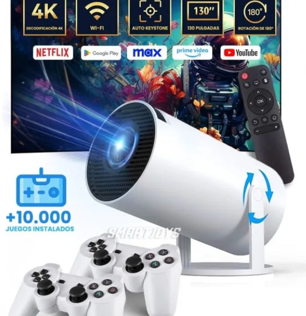 Videoproiector portabil, X10 Plus, 5000 lumeni, 4K Ultra HD, WiFi, Bluetooth 5.0, difuzor integrat, telecomanda, 10.000 jocuri incluse, Rotatie 180 grade, alb [1]