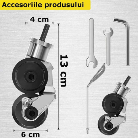 ADAPTOR PROFESIONAL PENTRU BORMAȘINĂ, DISPOZITIV CU ROLE PENTRU TĂIAT TABLĂ (OȚEL, ALUMINIU, CUPRU), PRINDERE 1/4, ARGINTIU [5]