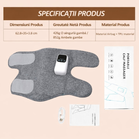 APARAT DE MASAJ PENTRU PICIOARE ȘI GAMBE CU PRESIUNE DE AER ȘI ÎNCĂLZIRE , 3 MODURI, 3 TREPTE DE INTENSITATE, DISPLAY LED, ÎNCĂRCARE USB, GRI [6]