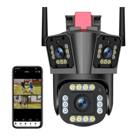 OFERTE TOP - CAMERĂ DE SUPRAVEGHERE TRIPLĂ 4G 12MP – EXTERIOR/INTERIOR, ULTRA HD, 3 LENTILE, ZOOM 5X, ROTIRE PTZ, NIGHT VISION COLOR ȘI COMUNICARE BIDIRECȚIONALĂ