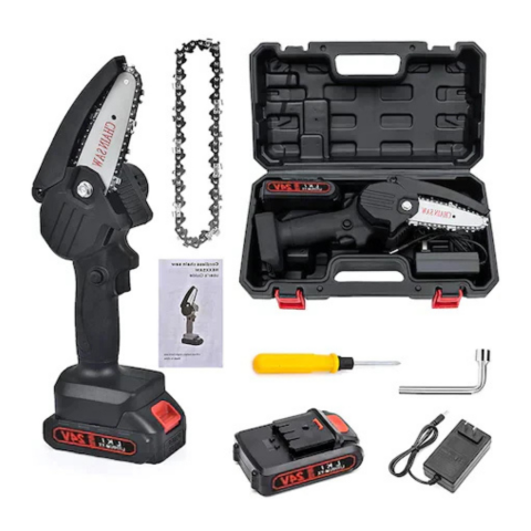 Gradină si Bricolaj - MINI DRUJBĂ ELECTRICĂ 10 CENTIMETRI, 48V, INCLUDE 2 ACUMULATORI LI-ION 4500MAH, 2000 RPM, ÎNCĂRCĂTOR ȘI PILĂ ASCUȚIRE LANȚ