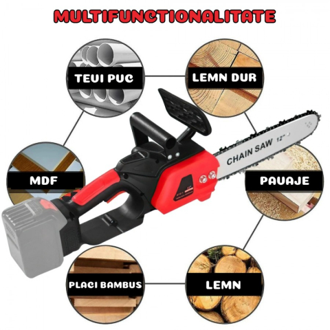 DRUJBĂ ELECTRICĂ CU LANȚ, 12 INCHI (30.5 CM), 2 ACUMULATORI 48V LITIU, 4800 RPM, UNIBOX , MOTOFIERĂSTRĂU PORTABIL PENTRU TĂIERE LEMNE ȘI GRĂDINĂRIT [4]