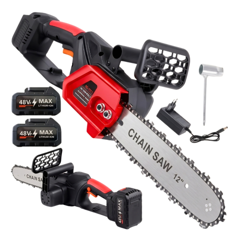 OFERTE TOP - DRUJBĂ ELECTRICĂ CU LANȚ, 12 INCHI (30.5 CM), 2 ACUMULATORI 48V LITIU, 4800 RPM, UNIBOX , MOTOFIERĂSTRĂU PORTABIL PENTRU TĂIERE LEMNE ȘI GRĂDINĂRIT