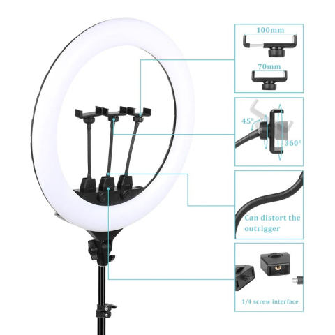 LAMPĂ CIRCULARĂ RING LIGHT PROFESIONALĂ 58 CM, MODEL STUDIO, 450 LED-URI, STATIV 210 CM INCLUS, TELECOMANDĂ ȘI TREI SUPORTURI TELEFON [2]