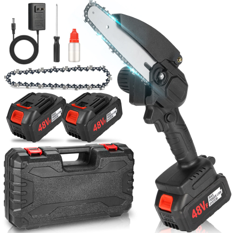 Gradină si Bricolaj - MINI DRUJBĂ ELECTRICĂ CU ACUMULATORI 48V – FIERĂSTRĂU PORTABIL CU 2 ACUMULATORI ȘI 2 LANȚURI INCLUSE, IDEALĂ PENTRU TĂIERE CRENGI, GRĂDINĂRIT ȘI BRICOLAJ, NEGRU/ALBASTRU