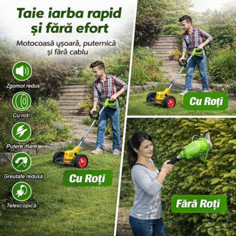 MOTOCOASĂ ELECTRICĂ PROFESIONALĂ CU 2 ACUMULATORI 48V – 18000 RPM, ROȚI DETAȘABILE ȘI SET COMPLET ACCESORII (DISC, LAME METAL, PALETE), TRIMMER PENTRU IARBĂ ȘI BURUIENI [4]