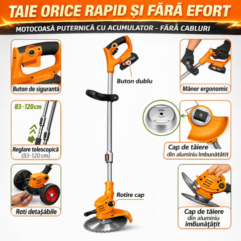 MOTOCOASĂ ELECTRICĂ PROFESIONALĂ CU 2 ACUMULATORI 48V – 18000 RPM, ROȚI DETAȘABILE ȘI SET COMPLET ACCESORII (DISC, LAME METAL, PALETE), TRIMMER PENTRU IARBĂ ȘI BURUIENI [2]
