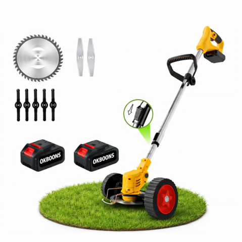 Gradină si Bricolaj - MOTOCOASĂ ELECTRICĂ PROFESIONALĂ CU 2 ACUMULATORI 48V – 18000 RPM, ROȚI DETAȘABILE ȘI SET COMPLET ACCESORII (DISC, LAME METAL, PALETE), TRIMMER PENTRU IARBĂ ȘI BURUIENI