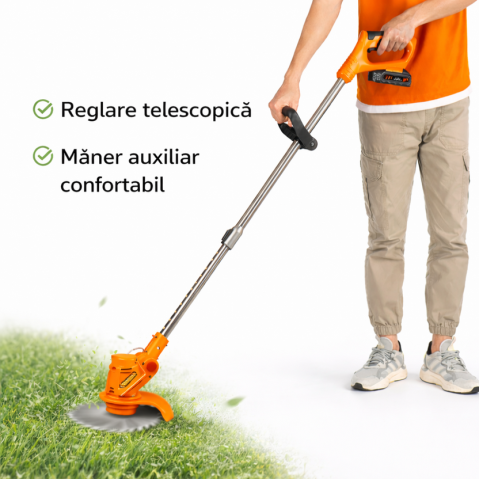 MOTOCOASĂ ELECTRICĂ PROFESIONALĂ CU 2 ACUMULATORI 48V – 18000 RPM, ROȚI DETAȘABILE ȘI SET COMPLET ACCESORII (DISC, LAME METAL, PALETE), TRIMMER PENTRU IARBĂ ȘI BURUIENI [1]