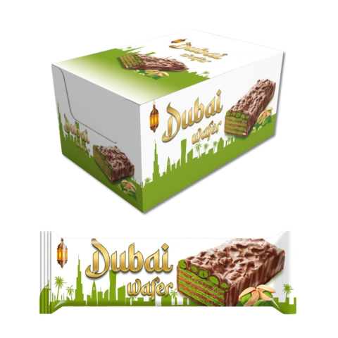 OFERTE TOP - NAPOLITANĂ DUBAI CU FISTIC 40G – DISPLAY 24 BUCĂȚI, EXPERIENȚĂ GOURMET CU CREMĂ DE FISTIC ȘI KATAIF, DESERT TRENDY ȘI CROCANT
