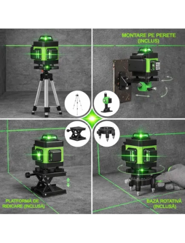 NIVELĂ LASER 4D CU 16 LINII VERZI, AUTONIVELARE 360°, TELECOMANDĂ, ACCESORII ȘI TREPIED PROFESIONAL 150 CM , PRECIZIE MAXIMĂ PENTRU CONSTRUCȚII ȘI AMENAJĂRI [2]