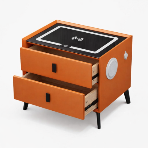 Oferte speciale - Noptiera inteligenta cu incarcare wireless, iluminare LED, difuzor Bluetooth, port USB si Type-C culoare portocaliu, 2 sertare, design modern din sticla si lemn