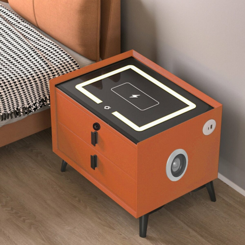 Noptiera inteligenta cu incarcare wireless, iluminare LED, difuzor Bluetooth, port USB si Type-C culoare portocaliu, 2 sertare, design modern din sticla si lemn [3]