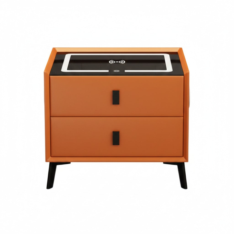 Noptiera inteligenta cu incarcare wireless, iluminare LED, difuzor Bluetooth, port USB si Type-C culoare portocaliu, 2 sertare, design modern din sticla si lemn [1]