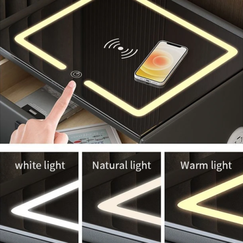 NOPTIERĂ INTELIGENTĂ MULTIFUNCȚIONALĂ CU 3 SERTARE, BLOCARE CU AMPRENTĂ, LED TACTIL, ÎNCĂRCARE WIRELESS ȘI BOXĂ BLUETOOTH , GRI DESCHIS, STICLĂ SECURIZATĂ [7]