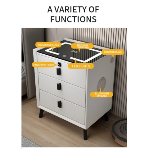 NOPTIERĂ INTELIGENTĂ MULTIFUNCȚIONALĂ CU 3 SERTARE, BLOCARE CU AMPRENTĂ, LED TACTIL, ÎNCĂRCARE WIRELESS ȘI BOXĂ BLUETOOTH , GRI DESCHIS, STICLĂ SECURIZATĂ [5]