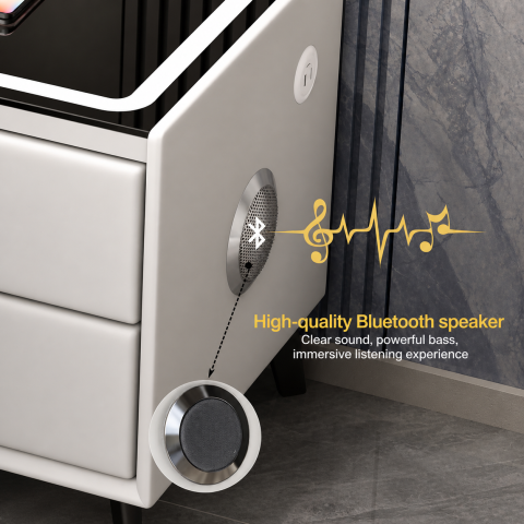 Noptiera smart multifunctionala, 2 sertare, iluminare LED tactil, 3 culori, incarcare wireless/USB, difuzor bluetooth dim 50x40x46, CU AMPRENTA , CREM [7]