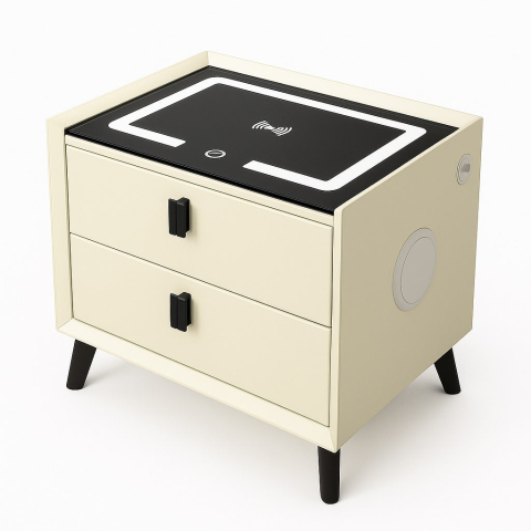OFERTE TOP - Noptiera smart multifunctionala, 2 sertare, iluminare LED tactil, 3 culori, incarcare wireless/USB, difuzor bluetooth dim 50x40x46, CU AMPRENTA , CREM