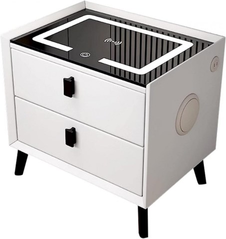 OFERTE TOP - Noptiera smart multifunctionala, 2 sertare, iluminare LED tactil, 3 culori, incarcare wireless/USB, difuzor bluetooth dim 50x40x46, CU AMPRENTA , GRI DESCHIS