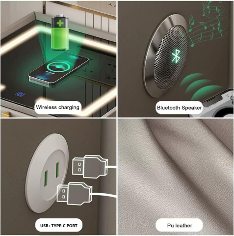Noptiera smart multifunctionala, 2 sertare, iluminare LED tactil, 3 culori, incarcare wireless/USB, difuzor bluetooth dim 50x40x46, CU AMPRENTA , GRI DESCHIS [7]