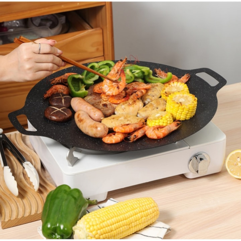 PLITĂ JAPONEZĂ ROTUNDĂ (GRILL), 32 CM, ÎNVELIȘ ANTIADERENT, COMPATIBILĂ CU INDUCȚIE, GAZ ȘI GRĂTAR, DESIGN ERGONOMIC – NEGRU [3]
