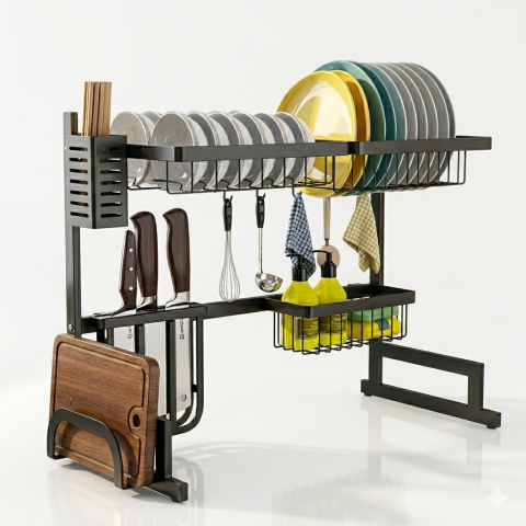 Bucatarie - RAFT SCURGĂTOR DE VASE PESTE CHIUVETĂ, EXTENSIBIL 85-105 CM, OȚEL INOXIDABIL, 9 ACCESORII INCLUSE, ORGANIZARE PREMIUM BUCĂTĂRIE – NEGRU