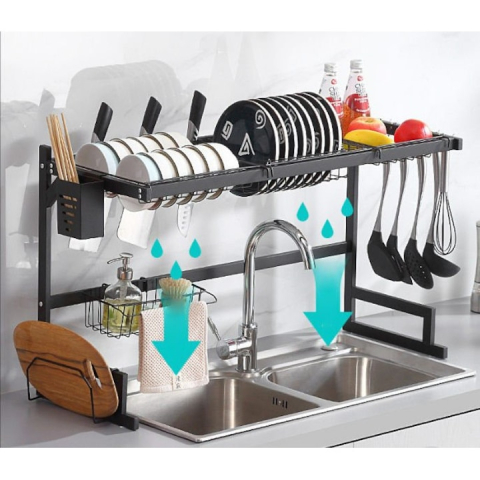 RAFT SCURGĂTOR DE VASE PESTE CHIUVETĂ, EXTENSIBIL 85-105 CM, OȚEL INOXIDABIL, 9 ACCESORII INCLUSE, ORGANIZARE PREMIUM BUCĂTĂRIE – NEGRU [3]