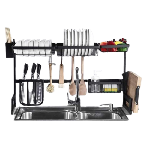 RAFT SCURGĂTOR DE VASE PESTE CHIUVETĂ, EXTENSIBIL 85-105 CM, OȚEL INOXIDABIL, 9 ACCESORII INCLUSE, ORGANIZARE PREMIUM BUCĂTĂRIE – NEGRU [7]
