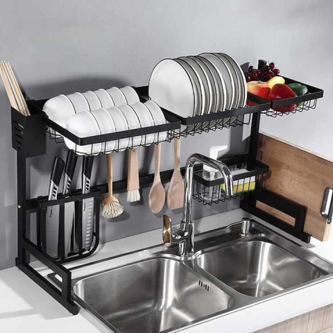 RAFT SCURGĂTOR DE VASE PESTE CHIUVETĂ, EXTENSIBIL 85-105 CM, OȚEL INOXIDABIL, 9 ACCESORII INCLUSE, ORGANIZARE PREMIUM BUCĂTĂRIE – NEGRU [4]