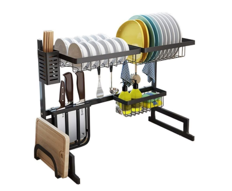 RAFT SCURGĂTOR DE VASE PESTE CHIUVETĂ, EXTENSIBIL 85-105 CM, OȚEL INOXIDABIL, 9 ACCESORII INCLUSE, ORGANIZARE PREMIUM BUCĂTĂRIE – NEGRU [1]