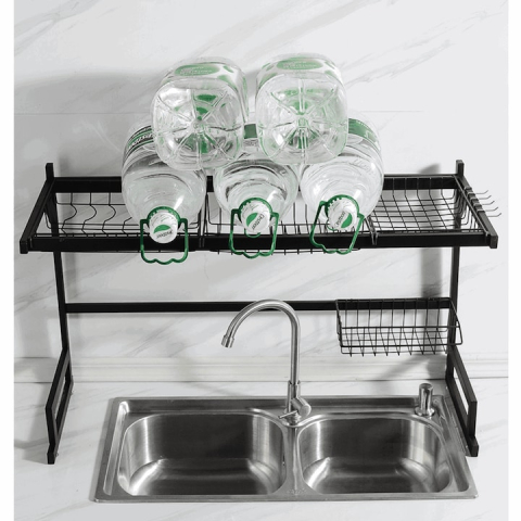 RAFT SCURGĂTOR DE VASE PESTE CHIUVETĂ, EXTENSIBIL 85-105 CM, OȚEL INOXIDABIL, 9 ACCESORII INCLUSE, ORGANIZARE PREMIUM BUCĂTĂRIE – NEGRU [5]