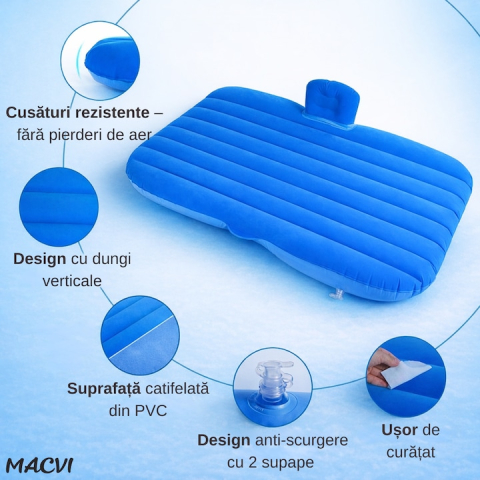 SALTEA AUTO GONFLABILĂ PREMIUM CU 2 PERNE ȘI POMPĂ ELECTRICĂ INCLUSĂ – PAT PORTABIL PENTRU BANCHETA DIN SPATE, DESIGN ERGONOMIC, IDEALĂ PENTRU CAMPING, CĂLĂTORII ȘI ODIHNĂ, ALBASTRU [6]
