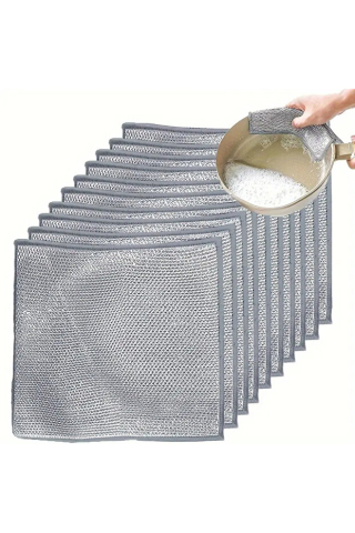 OFERTE TOP - SET 10 LAVETE DIN MICROFIBRĂ METALICĂ ABRAZIVĂ PENTRU VASE – CURĂȚARE EFICIENTĂ FĂRĂ ZGÂRIETURI, UTILIZARE UMEDĂ ȘI USCATĂ, 20X20 CM, ARGINTIU