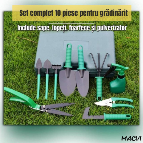SET COMPLET ACCESORII GRĂDINĂRIT 10 PIESE, UNELTE DIN INOX ȘI PLASTIC PREMIUM, INCLUDE FOARFECĂ, LOPĂȚI, PULVERIZATOR ȘI GEANTĂ PENTRU TRANSPORT [6]