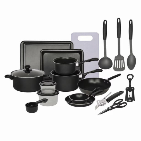 Bucatarie - SET BUCĂTĂRIE COMPLET 22 PIESE – OALE, TIGĂI, WOK, TĂVI ȘI ACCESORII GĂTIT, ÎNVELIȘ ANTIADERENT, DESIGN ELEGANT NEGRU