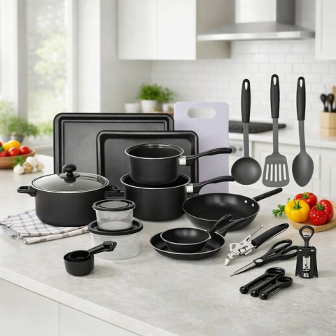 SET BUCĂTĂRIE COMPLET 22 PIESE – OALE, TIGĂI, WOK, TĂVI ȘI ACCESORII GĂTIT, ÎNVELIȘ ANTIADERENT, DESIGN ELEGANT NEGRU [3]