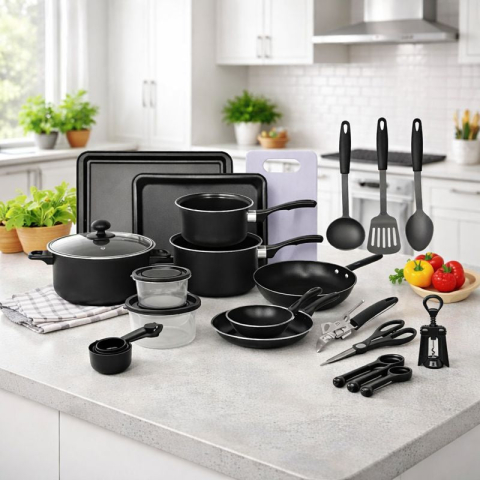 SET BUCĂTĂRIE COMPLET 22 PIESE – OALE, TIGĂI, WOK, TĂVI ȘI ACCESORII GĂTIT, ÎNVELIȘ ANTIADERENT, DESIGN ELEGANT NEGRU [4]