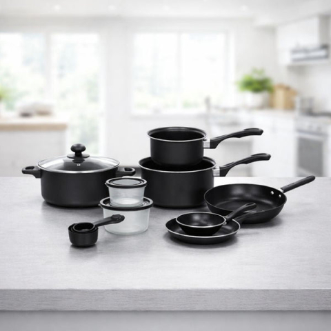 SET BUCĂTĂRIE COMPLET 22 PIESE – OALE, TIGĂI, WOK, TĂVI ȘI ACCESORII GĂTIT, ÎNVELIȘ ANTIADERENT, DESIGN ELEGANT NEGRU [2]
