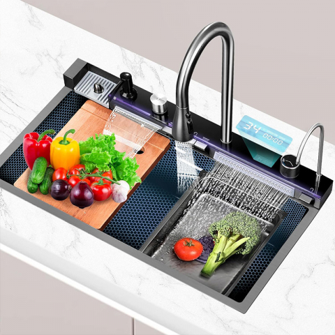 Casa Si Gradina - Set chiuveta bucatarie multifunctionala, statie de lucru, dus extractibil, 4 moduri de spalare, gri antracit, spalator pahare, dozator sapun, accesorii scurgere incluse
