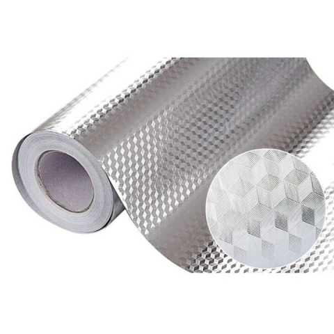 OFERTE TOP - SET 2 ROLE FOLIE AUTOCOLANTĂ ALUMINIU 60X300CM – MODEL CUB 3D, AUTOADEZIVĂ, REZISTENTĂ LA TEMPERATURI RIDICATE ȘI GRĂSIME, IDEALĂ PENTRU BUCĂTĂRIE