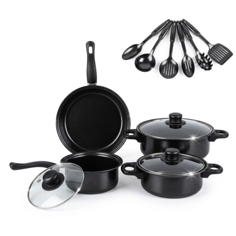 Bucatarie - SET COMPLET VASE DE GĂTIT 13 PIESE, ÎNVELIȘ ANTIADERENT, COMPATIBIL INDUCȚIE, INCLUDE USTENSILE SILICON, ASCUȚITOR CUȚITE ȘI CUȚIT ONDULAT – NEGRU